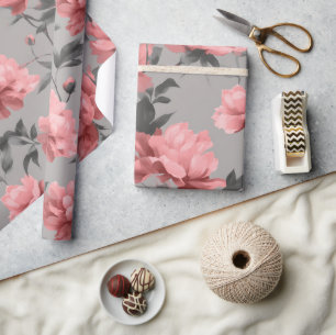 Romantisch stoffig roze pioen grijs bloemmotief cadeaupapier
