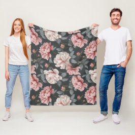 Romantisch stoffig roze pioen grijs bloemmotief fleece deken