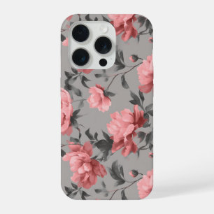 Romantisch stoffig roze pioen grijs bloemmotief iPhone 15 pro case
