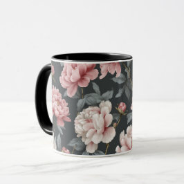 Romantisch stoffig roze pioen grijs bloemmotief mok