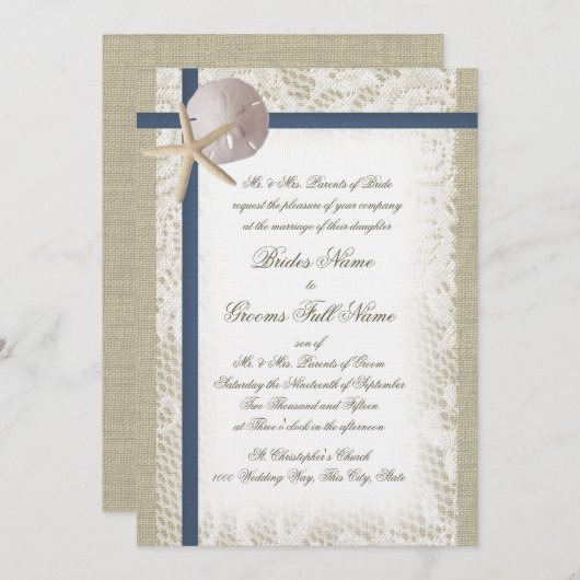 Romantisch strand Burlap en kant Navy Blue Kaart (Voorkant / Achterkant)