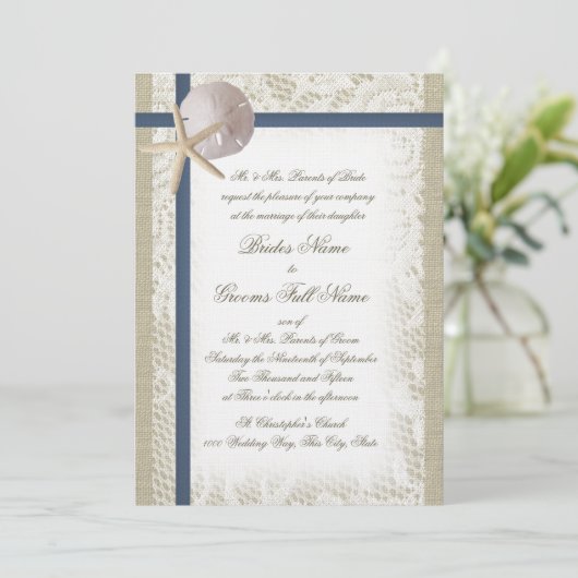 Romantisch strand Burlap en kant Navy Blue Kaart (Staand voorkant)