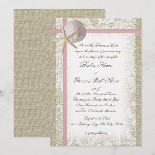 Romantisch strand en kant roze bruiloft kaart (Voorkant / Achterkant)