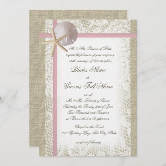 Romantisch strand en kant roze bruiloft kaart (Voorkant / Achterkant)