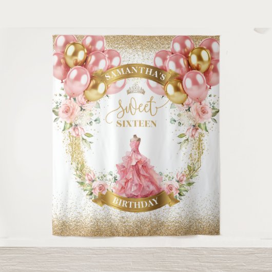 Romantisch Sweet Sixteen Banner Blush Jurk Goud Wandkleed (Voorkant)
