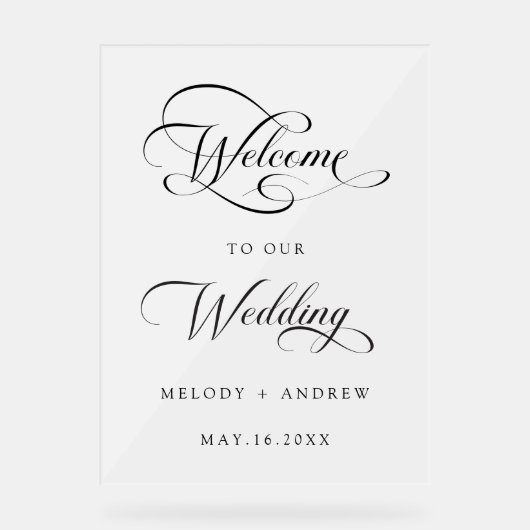 Romantisch Swirly Script Huwelijk Welkom Frosted Acryl Bord (Voorkant)