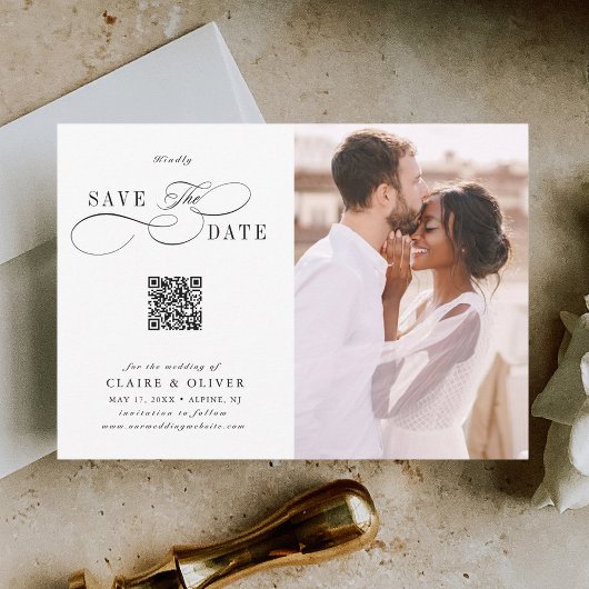 Romantisch Swirly Script QR Code Bruiloft Foto Save The Date