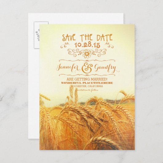 Romantisch tarweveld Save the date briefkaarten (Voorkant / Achterkant)