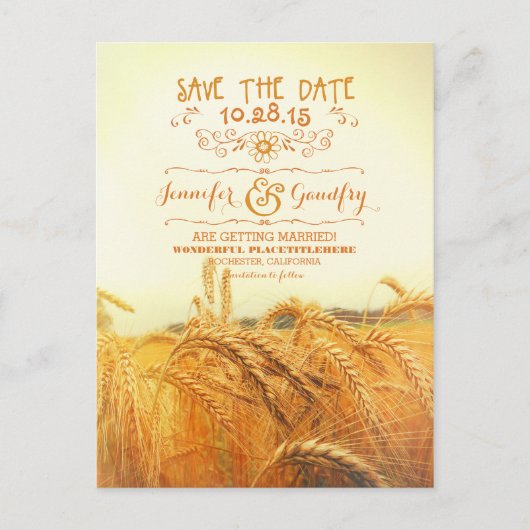 Romantisch tarweveld Save the date briefkaarten (Voorkant)