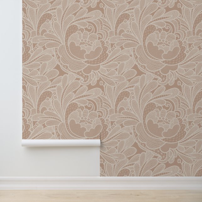 Romantisch Taupe Kant Bloemen Patroon Behang (Applicatie)