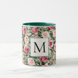 Romantisch Teal Groen Roze Rozen Bloemend Mozaïekl Mok