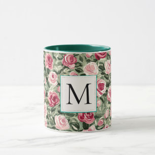 Romantisch Teal Groen Roze Rozen Bloemend Mozaïekl Mok