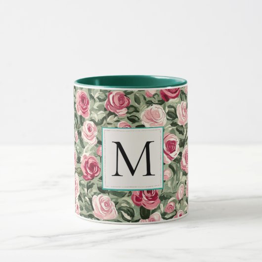 Romantisch Teal Groen Roze Rozen Bloemend Mozaïekl Mok (Midden)