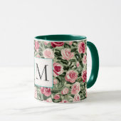 Romantisch Teal Groen Roze Rozen Bloemend Mozaïekl Mok (Voorkant rechts)
