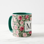 Romantisch Teal Groen Roze Rozen Bloemend Mozaïekl Mok (Voorkant links)