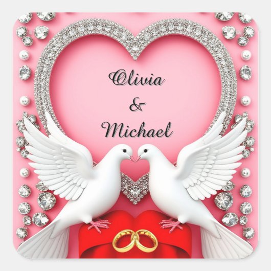 Romantisch Trouwhartframe met Duiven Vierkante Sticker (Voorkant)