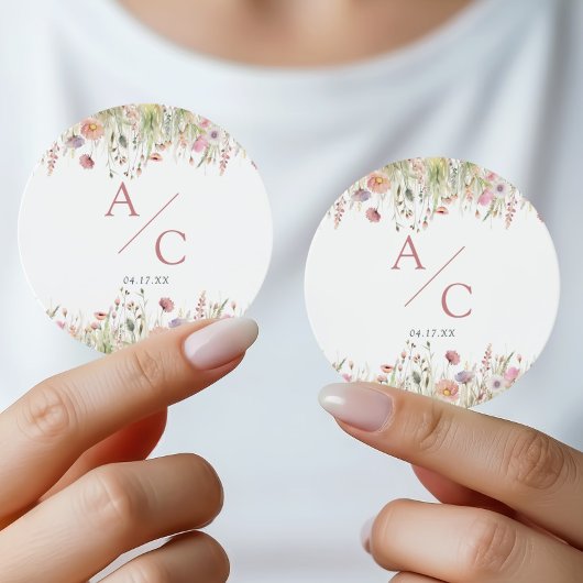 Romantisch Trouwmonogram met Wilde Bloemen Ronde Sticker