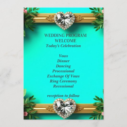 Romantisch Turquoise Roze Roos Huwelijksceremonie Programmakaart (Voorkant)