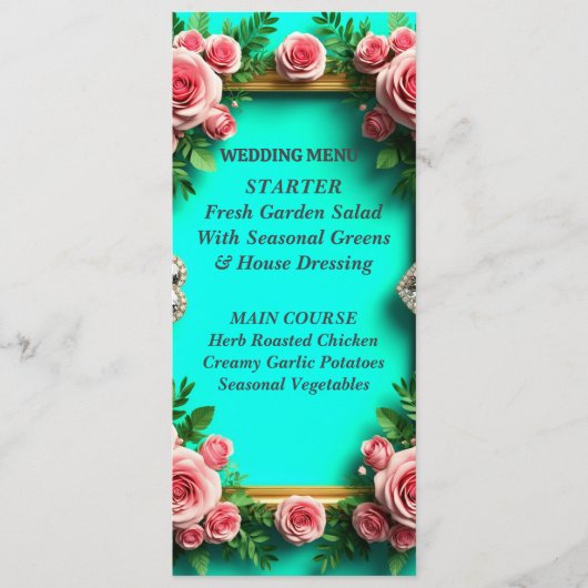 Romantisch Turquoise Roze Roos Huwelijksdiner 🌸 Menu (Voorkant)