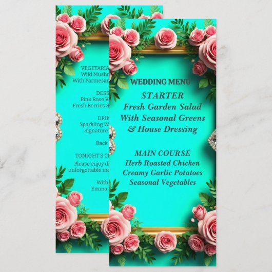 Romantisch Turquoise Roze Roos Huwelijksdiner 🌸 Menu (Voorkant / Achterkant)