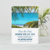 Romantisch turquoise tropisch strandhuwelijk save the date (Staand voorkant)