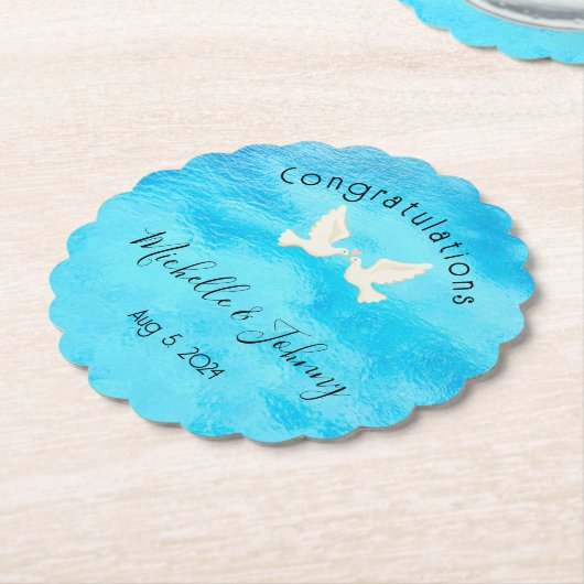 Romantisch - twee duiven met roze hart op blauw kartonnen onderzetters (Gekanteld)