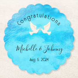 Romantisch - twee duiven met roze hart op blauw kartonnen onderzetters