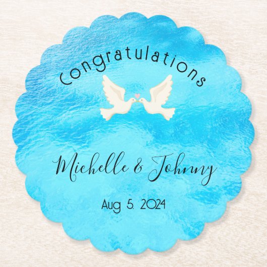 Romantisch - twee duiven met roze hart op blauw kartonnen onderzetters (Voorkant)