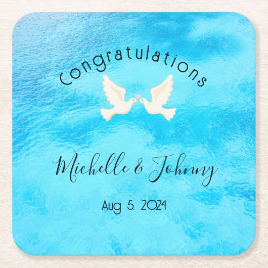 Romantisch - twee duiven met roze hart op blauw kartonnen onderzetters (Voorkant)