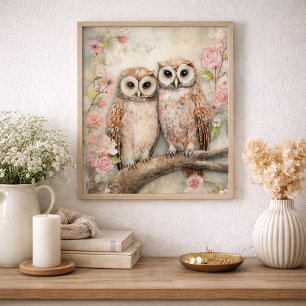 Romantisch Uil Paartje Bloemrijke Natuur Cottage Poster
