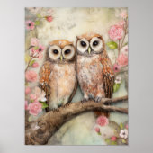 Romantisch Uil Paartje Bloemrijke Natuur Cottage Poster (Voorkant)