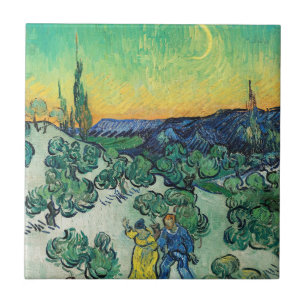 Romantisch Van Gogh Koppel Wandelend Onder De Maan Tegeltje