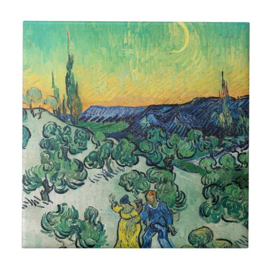 Romantisch Van Gogh Koppel Wandelend Onder De Maan Tegeltje (Voorkant)