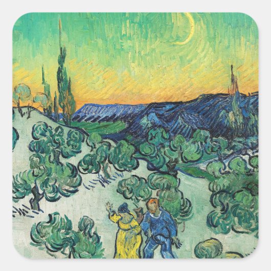 Romantisch Van Gogh Koppel Wandelend Onder Maan Vierkante Sticker (Voorkant)
