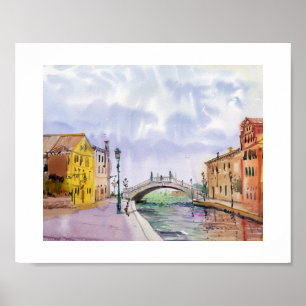 Romantisch Venetië Aquarel – Gezicht op kanaalbrug Poster