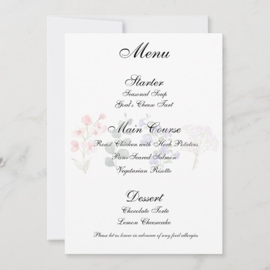 Romantisch verwilderd boho-bruiloftsreceptiemenu kaart (Voorkant)