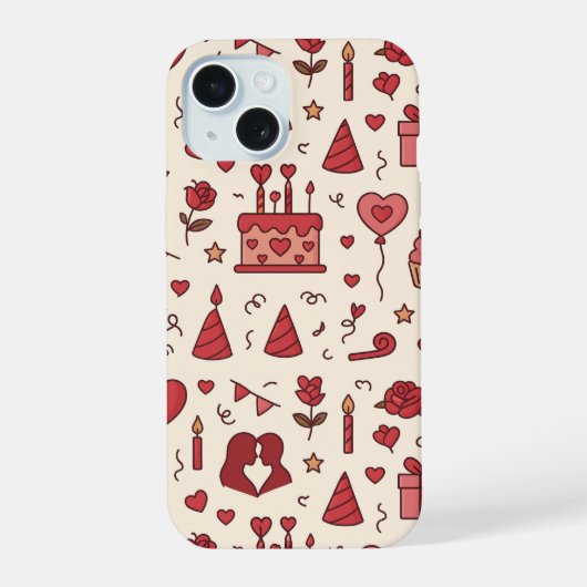 Romantisch vieringskrabbelpatroon iPhone 15 case (Achterkant)