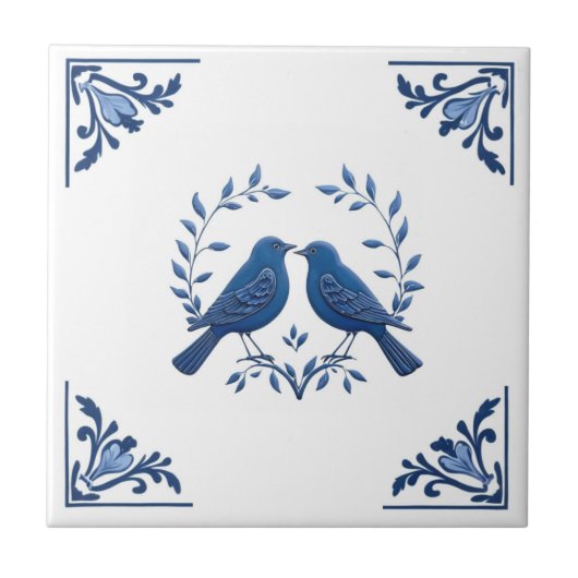 Romantisch vogelpaar Delfts Blauw Witte Bloemhoek Tegeltje (Voorkant)