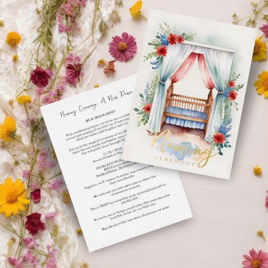 Romantisch Vrolijk Wieg Naming Ceremony Gold Folie Uitnodiging