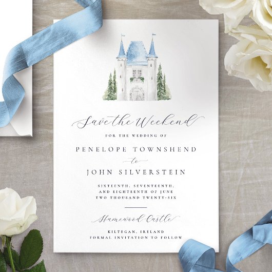 Romantisch Watercolor Kasteel Weekend Bruiloft Save The Date