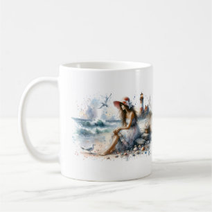 Romantisch Watercolor Meisje bij Vuurtoren Koffiemok