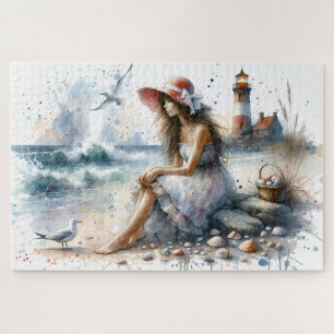 Romantisch Watercolor Meisje bij Vuurtoren Legpuzzel