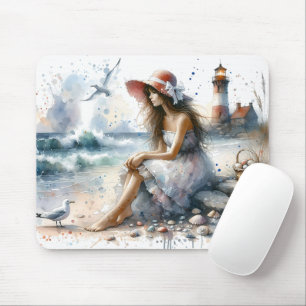 Romantisch Watercolor Meisje bij Vuurtoren Muismat