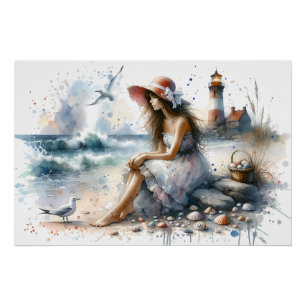 Romantisch Watercolor Meisje bij Vuurtoren Perfect Poster