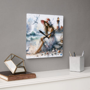 Romantisch Watercolor Meisje bij Vuurtoren Vierkante Klok