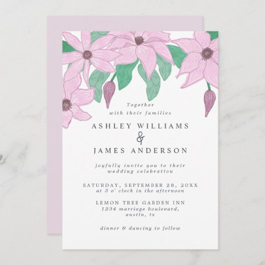 Romantisch Watercolor Roze Clematis Bloemendesign Kaart (Voorkant / Achterkant)