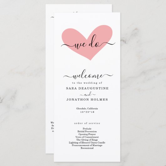 Romantisch "we doen" huwelijksprogramma programmakaart (Voorkant / Achterkant)