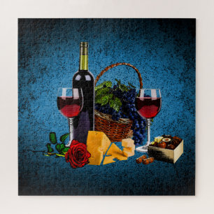 Romantisch wijnglas, flesje, kaas, druiven, blauw legpuzzel