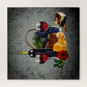 Romantisch wijnglas, flesje, kaas, druiven, grijs legpuzzel (Verticaal)