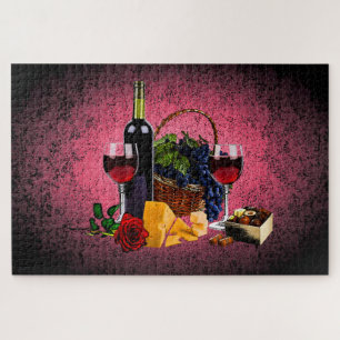 Romantisch wijnglas, flesje, kaas, druiven, roze legpuzzel